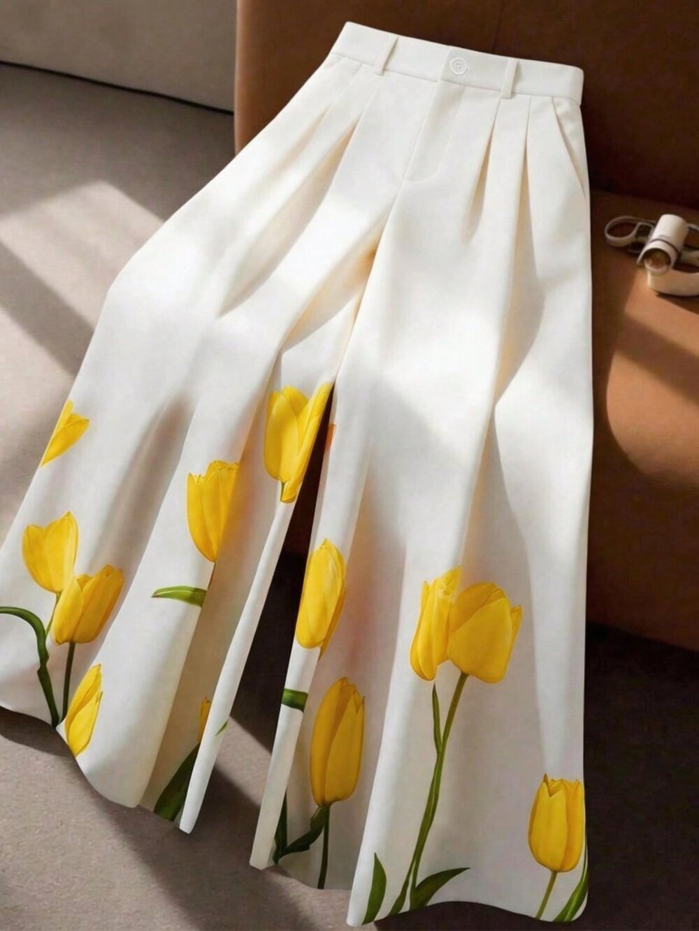 Yellow Elegant Women's Plus Size Floral Color Block wide legged Pants